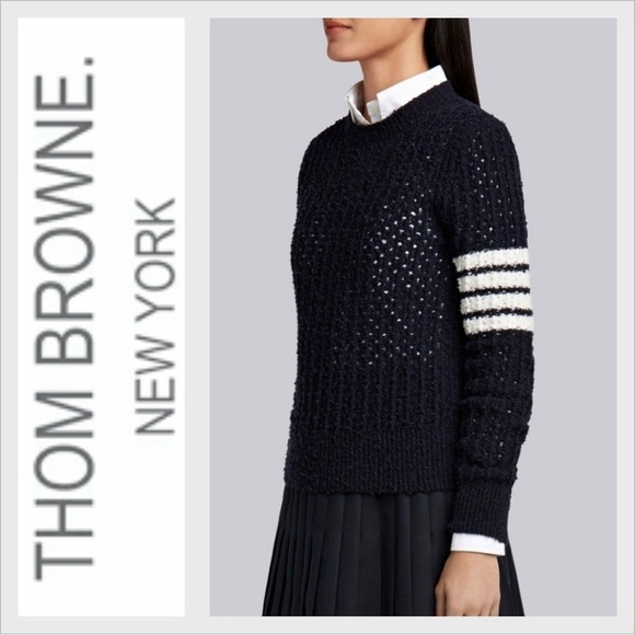 Thom Browne Sweaters - THOM BROWNE Women's 4-Bar Loopback Crewneck Sweater Navy Blue 36 Small